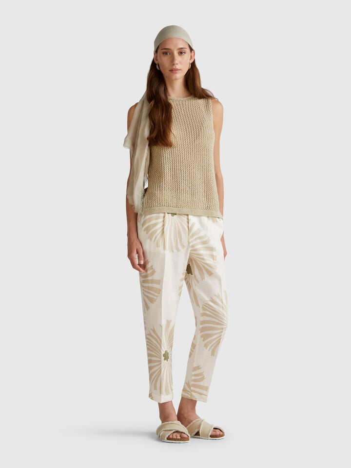 Benetton Printed Linen Trousers Creamy White