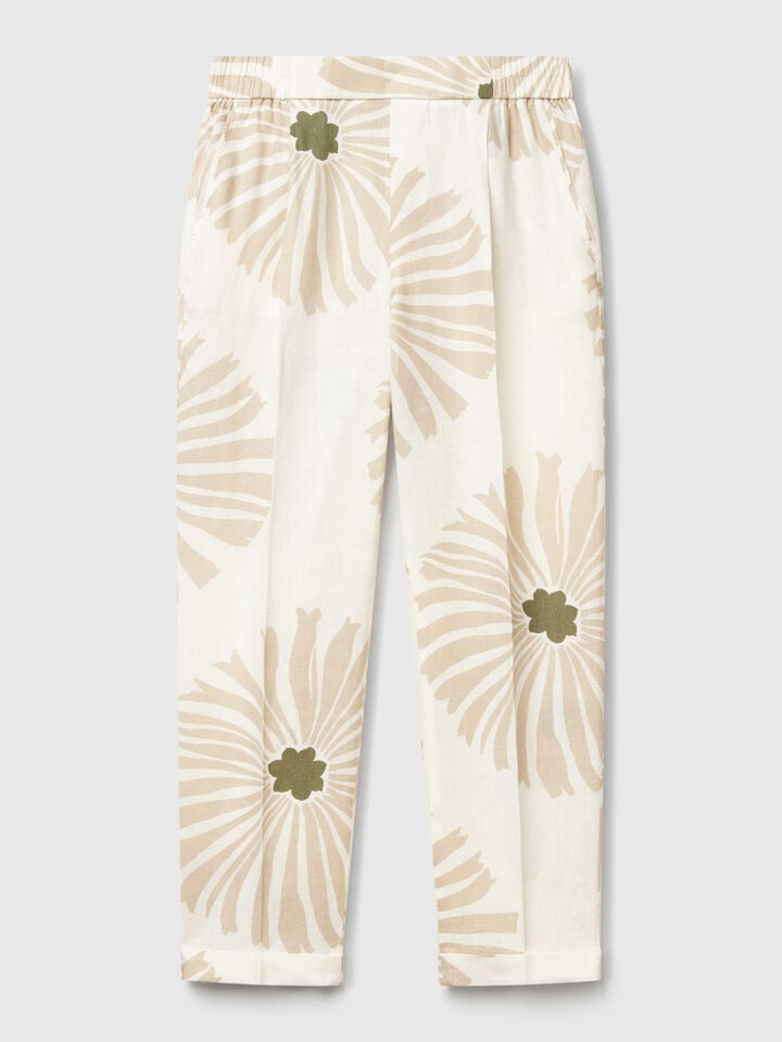Benetton Printed Linen Trousers Creamy White