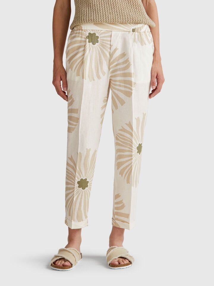 benetton Printed linen trousers Creamy White