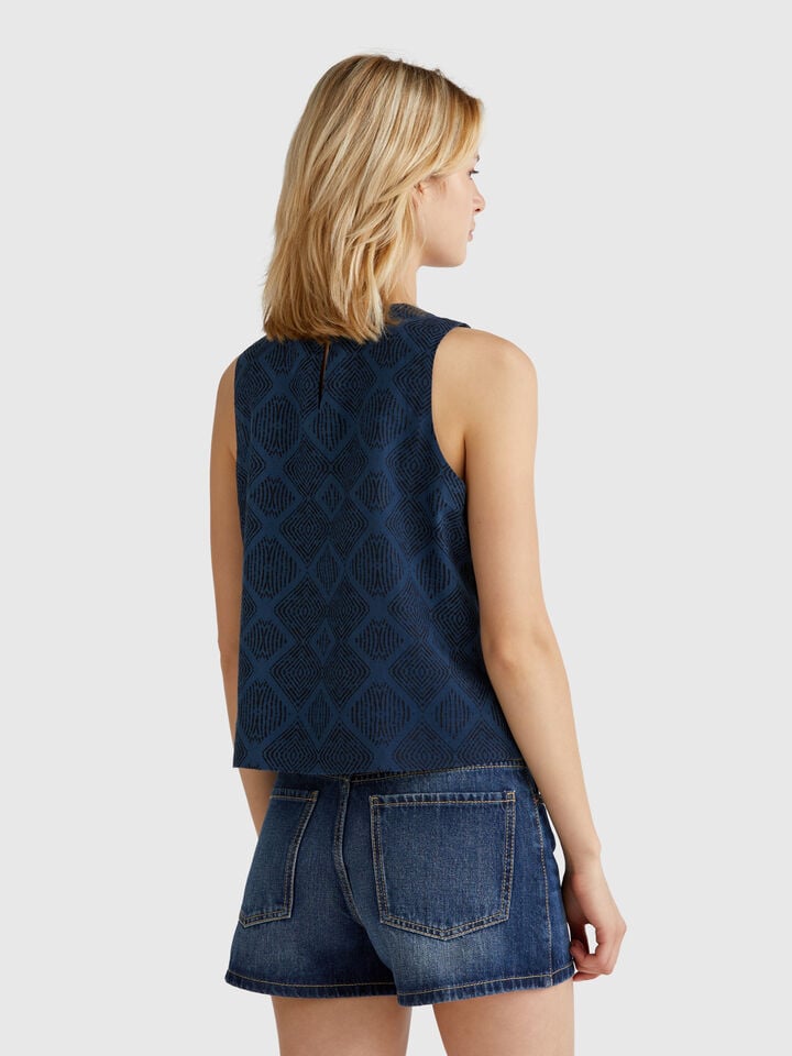 Benetton Printed Top In Pure Linen Blue