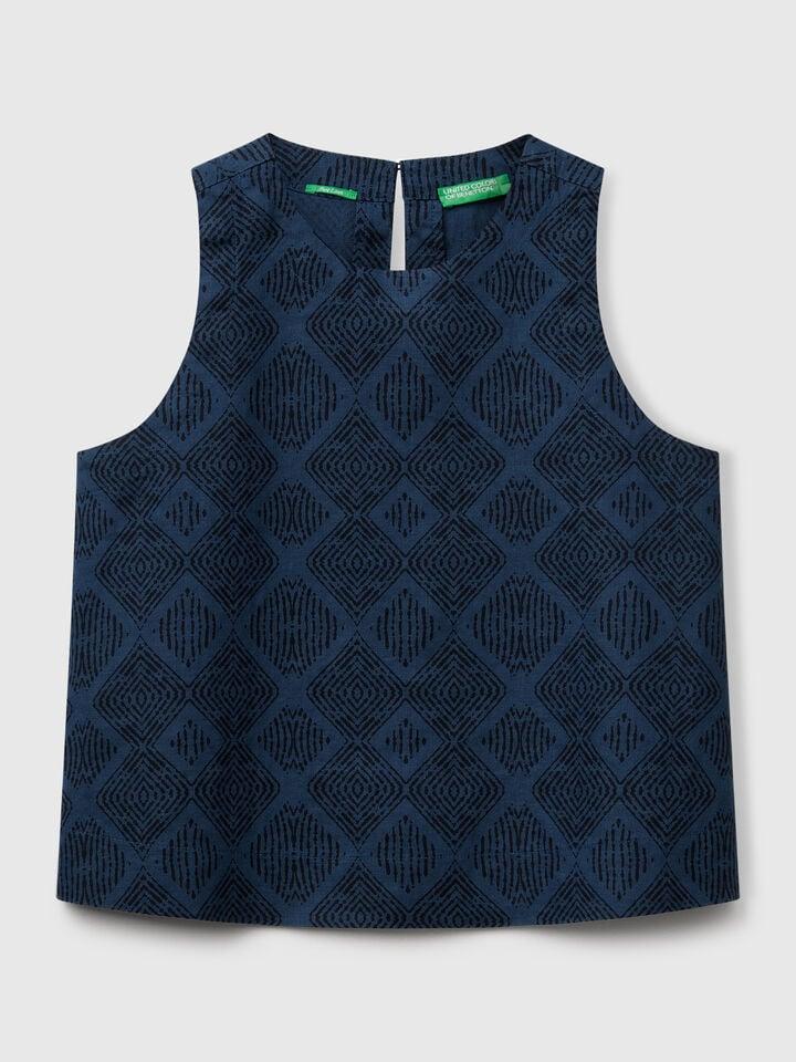 Benetton Printed Top In Pure Linen Blue