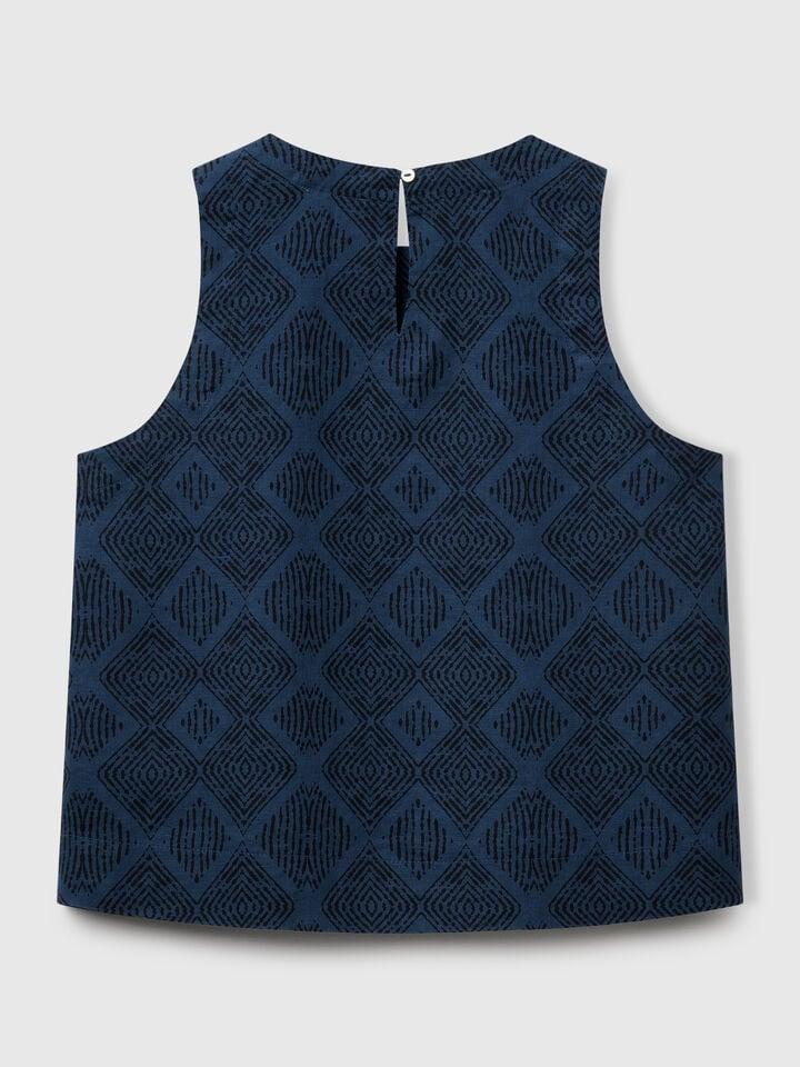 Benetton Printed Top In Pure Linen Blue