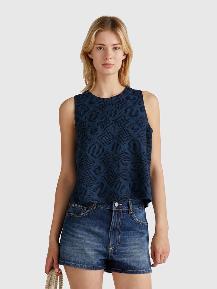 benetton Printed top in pure linen Blue