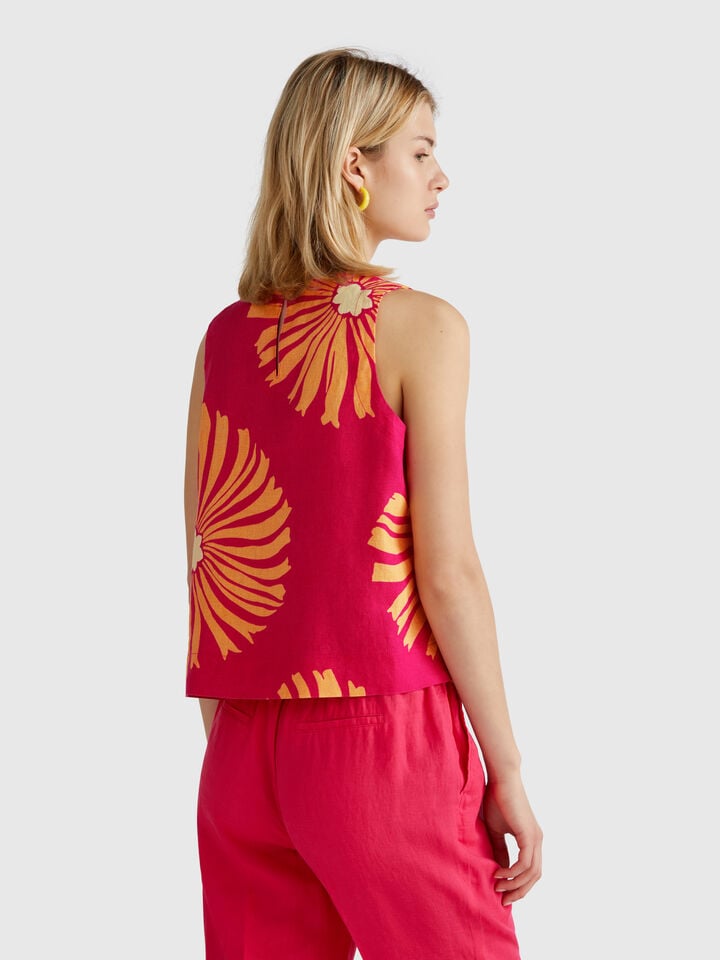 Benetton Printed Top In Pure Linen Fuchsia