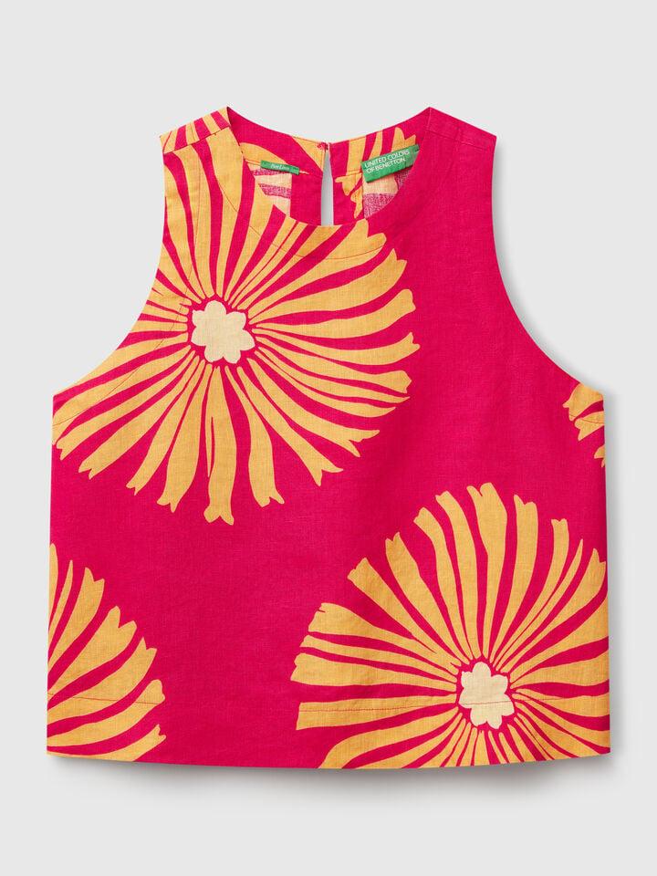Benetton Printed Top In Pure Linen Fuchsia