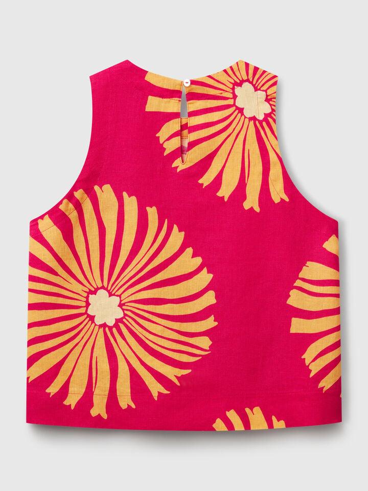 Benetton Printed Top In Pure Linen Fuchsia