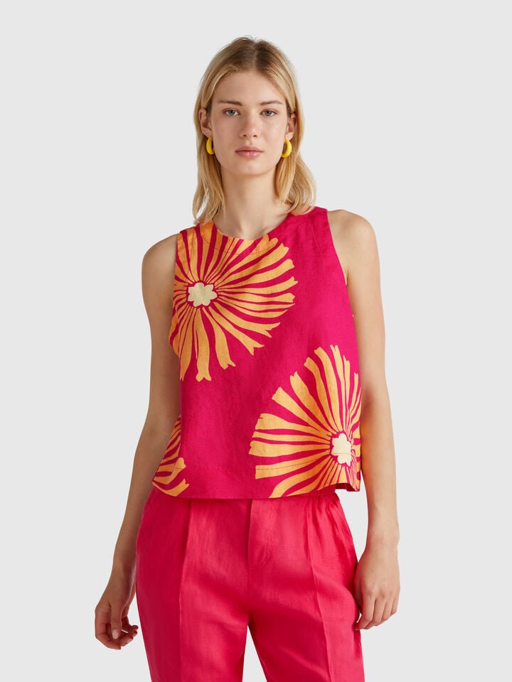 benetton Printed top in pure linen Fuchsia