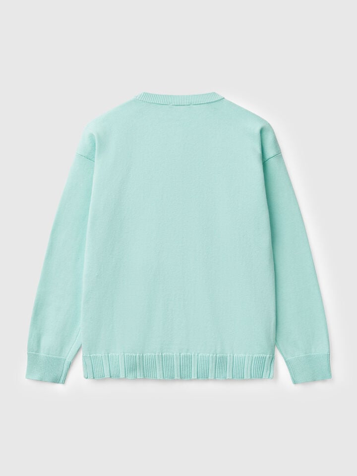Benetton Pure Cotton Crew Neck Cardigan Aqua