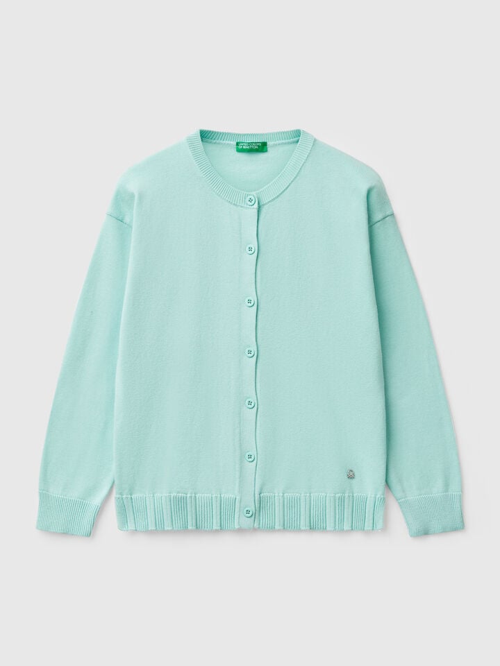 benetton Pure cotton crew neck cardigan Aqua