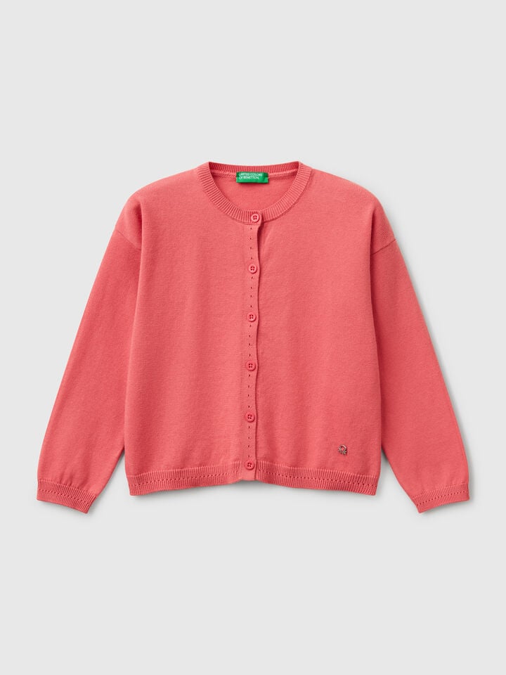 benetton Pure cotton crew neck cardigan Cyclamen