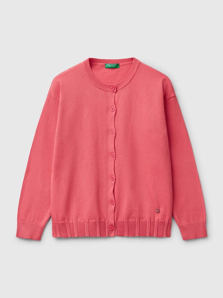 Benetton Pure Cotton Crew Neck Cardigan Cyclamen