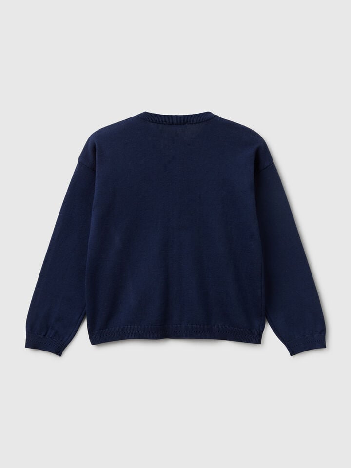Benetton Pure Cotton Crew Neck Cardigan Dark Blue