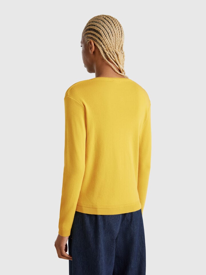 Benetton Pure Cotton Crew Neck Cardigan Mustard
