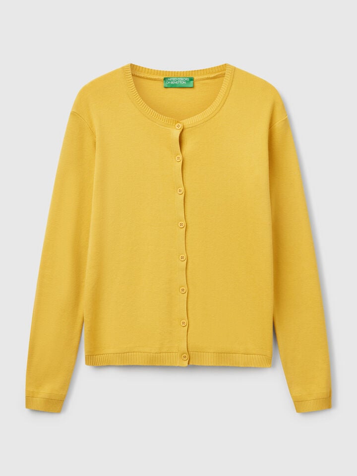 Benetton Pure Cotton Crew Neck Cardigan Mustard