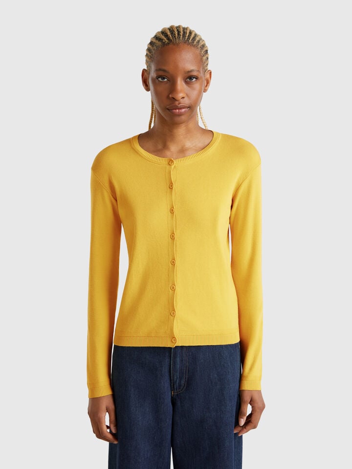 benetton Pure cotton crew neck cardigan Mustard