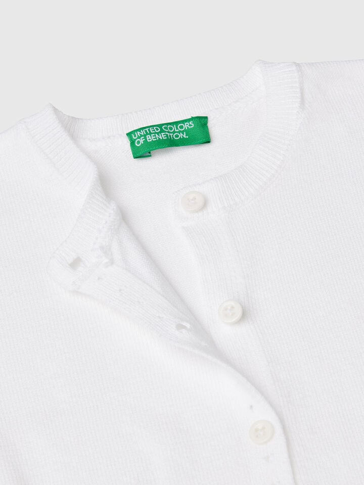 Benetton Pure Cotton Crew Neck Cardigan White