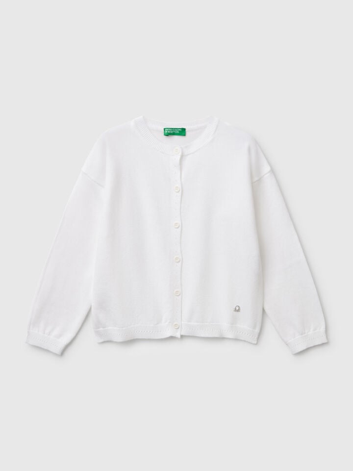 benetton Pure cotton crew neck cardigan White