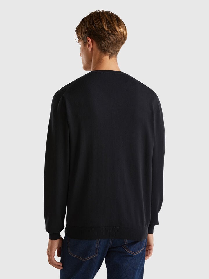 Benetton Pure Cotton Sweater With V-neck Black
