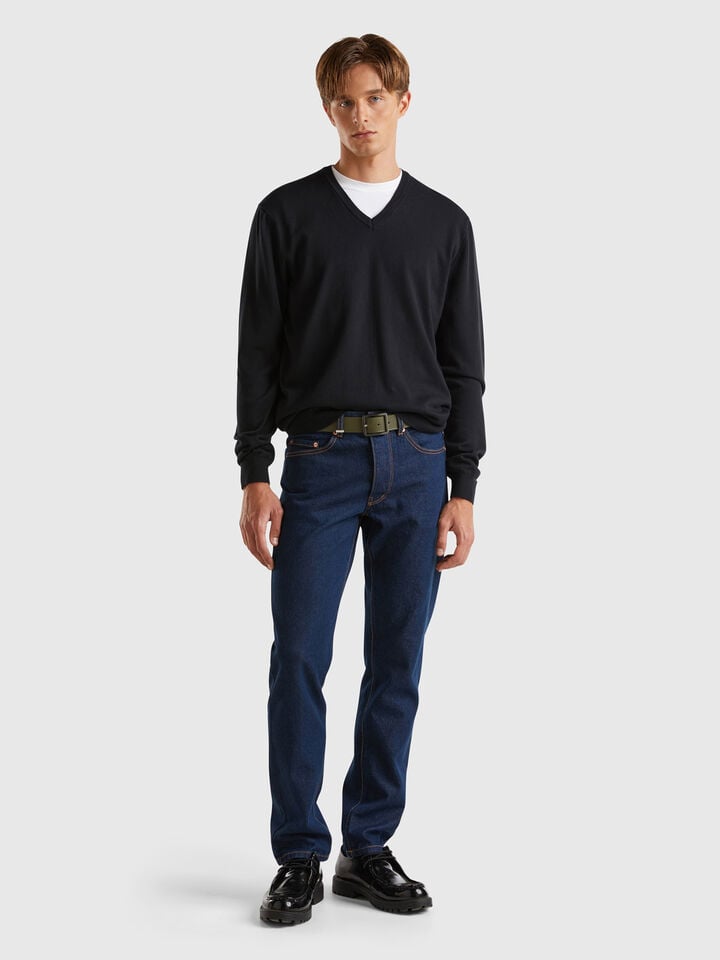 Benetton Pure Cotton Sweater With V-neck Black