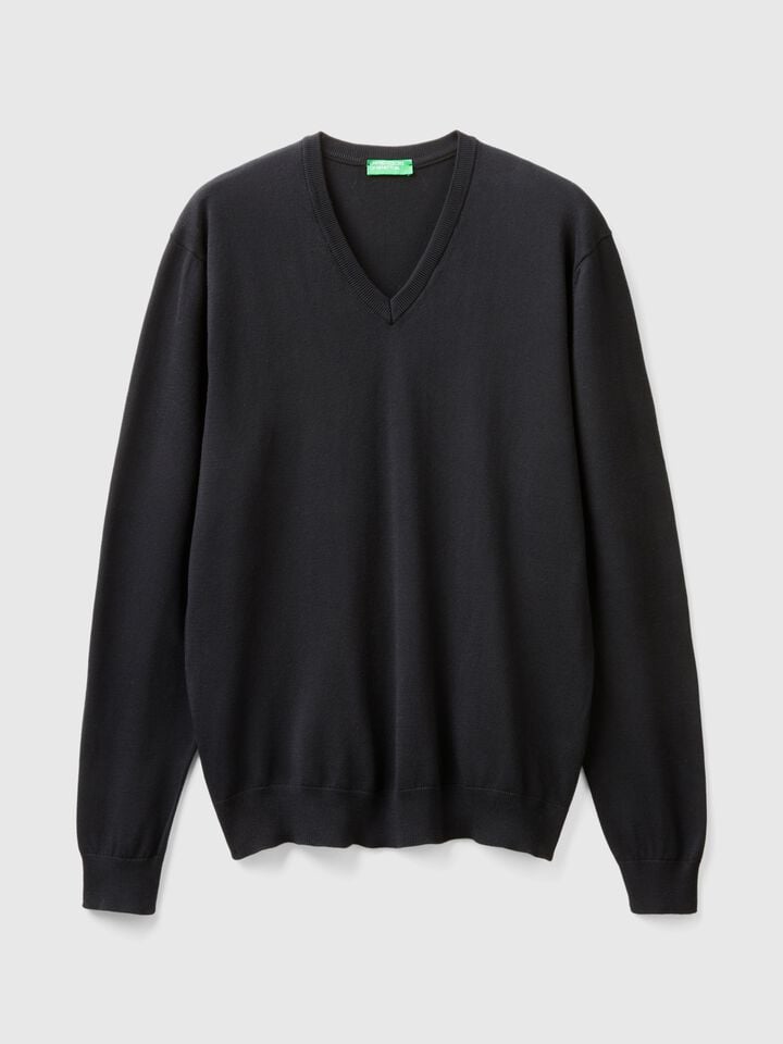Benetton Pure Cotton Sweater With V-neck Black
