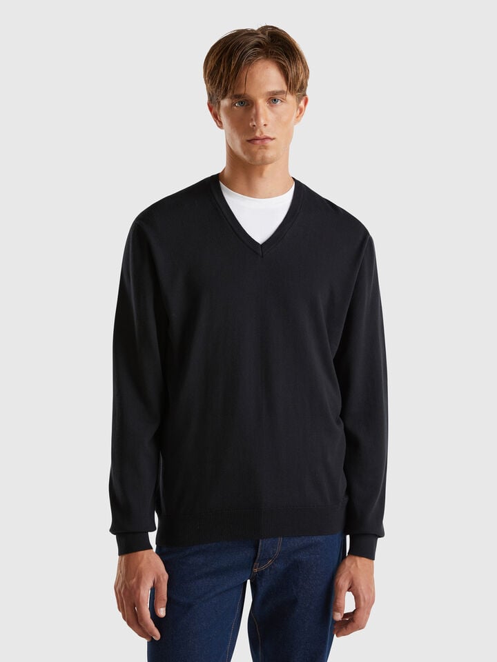 benetton Pure cotton sweater with V-neck Black