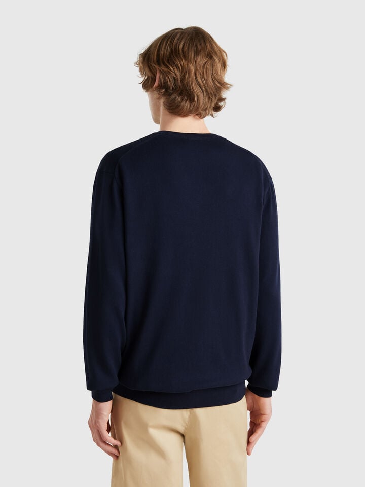 Benetton Pure Cotton Sweater With V-neck Dark Blue