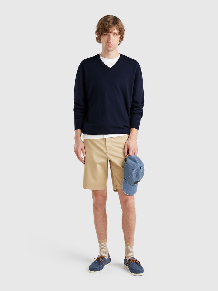 Benetton Pure Cotton Sweater With V-neck Dark Blue