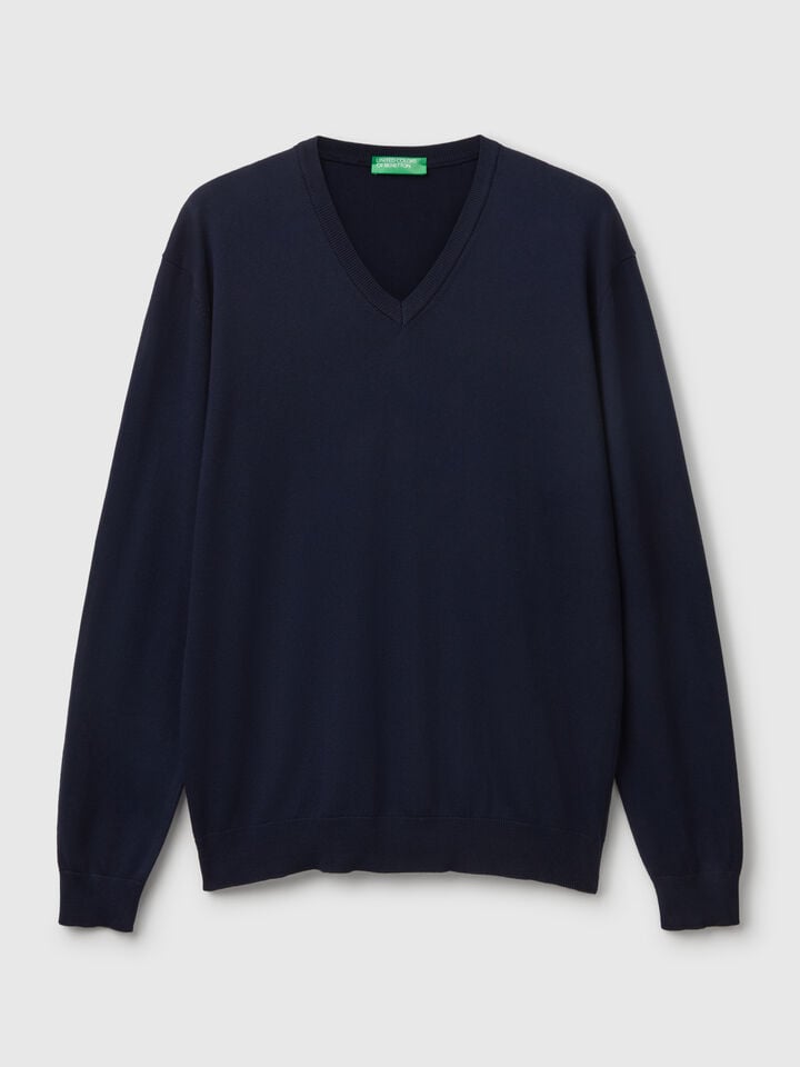 Benetton Pure Cotton Sweater With V-neck Dark Blue