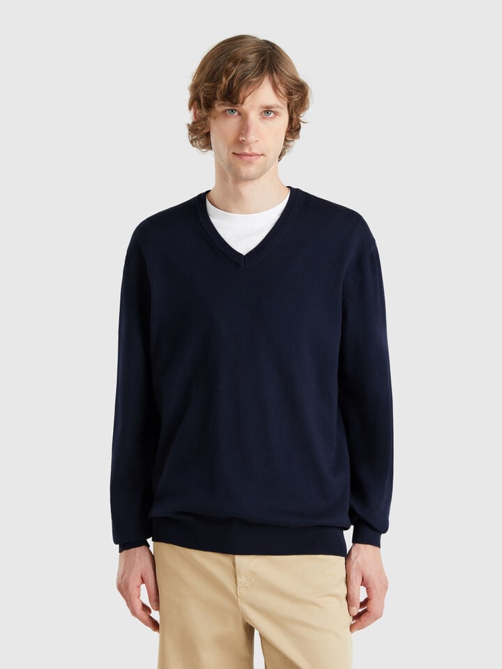 benetton Pure cotton sweater with V-neck Dark Blue