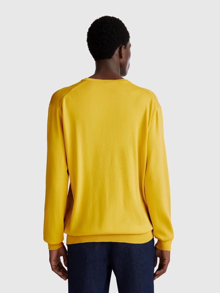 Benetton Pure Cotton Sweater With V-neck Mustard