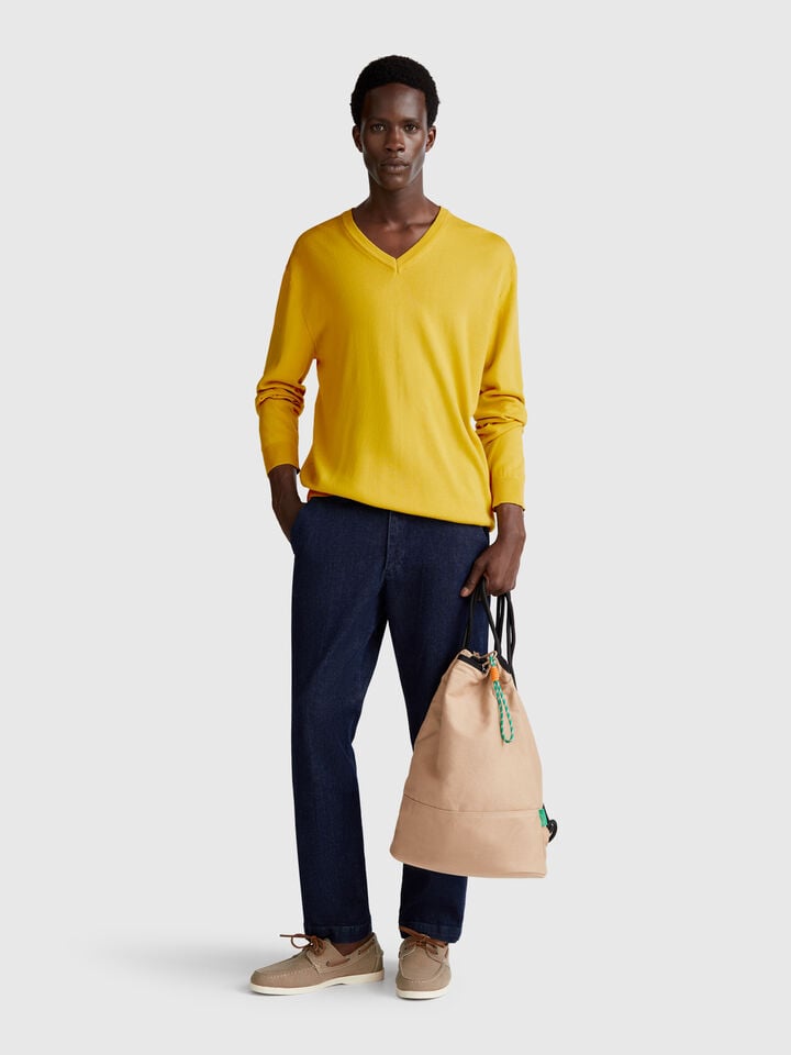 Benetton Pure Cotton Sweater With V-neck Mustard