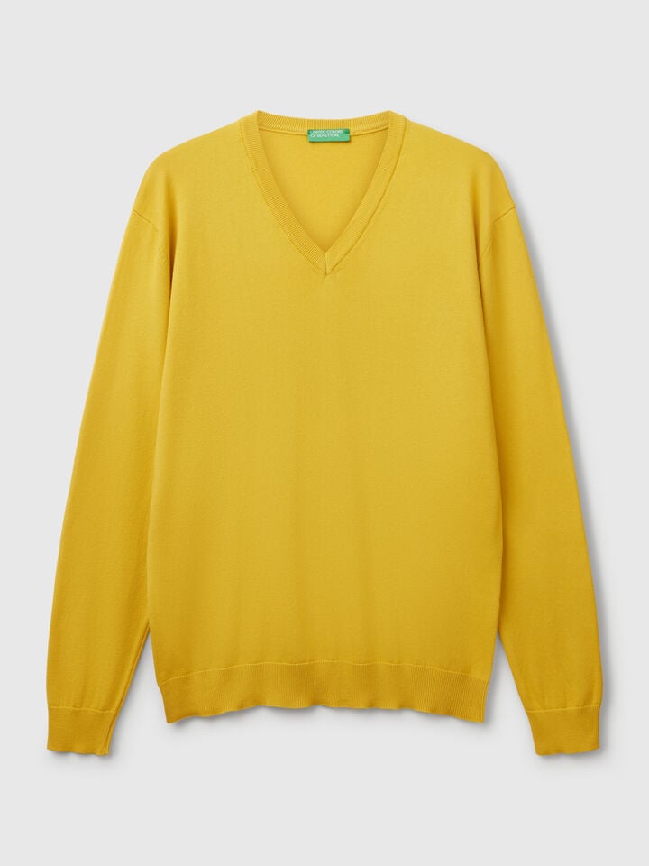 Benetton Pure Cotton Sweater With V-neck Mustard
