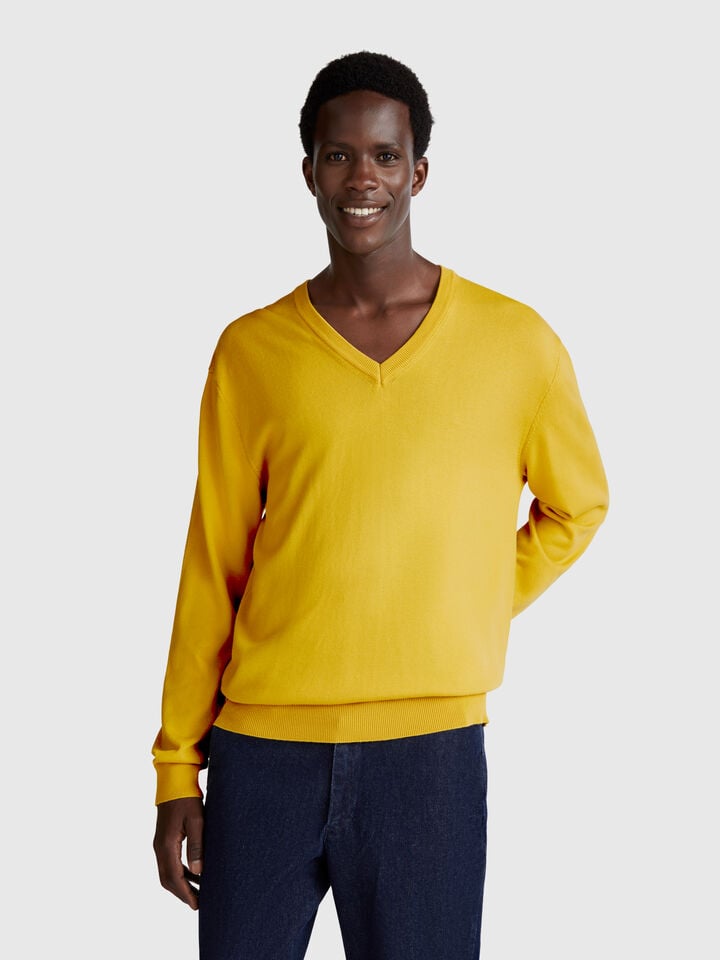 benetton Pure cotton sweater with V-neck Mustard