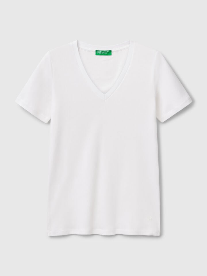 Benetton Pure Cotton T-shirt With V-neck White