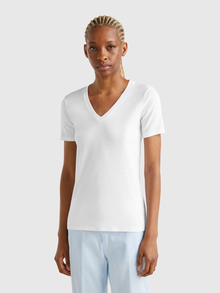 benetton Pure cotton t-shirt with V-neck White