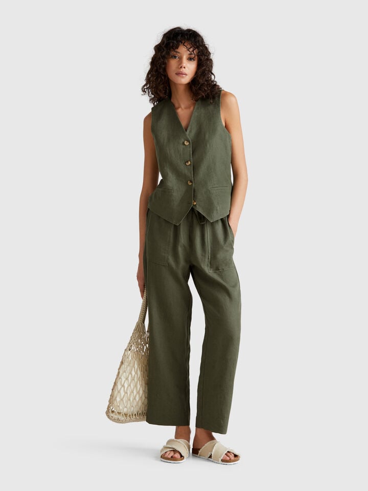 Benetton Pure Linen Vest Military Green
