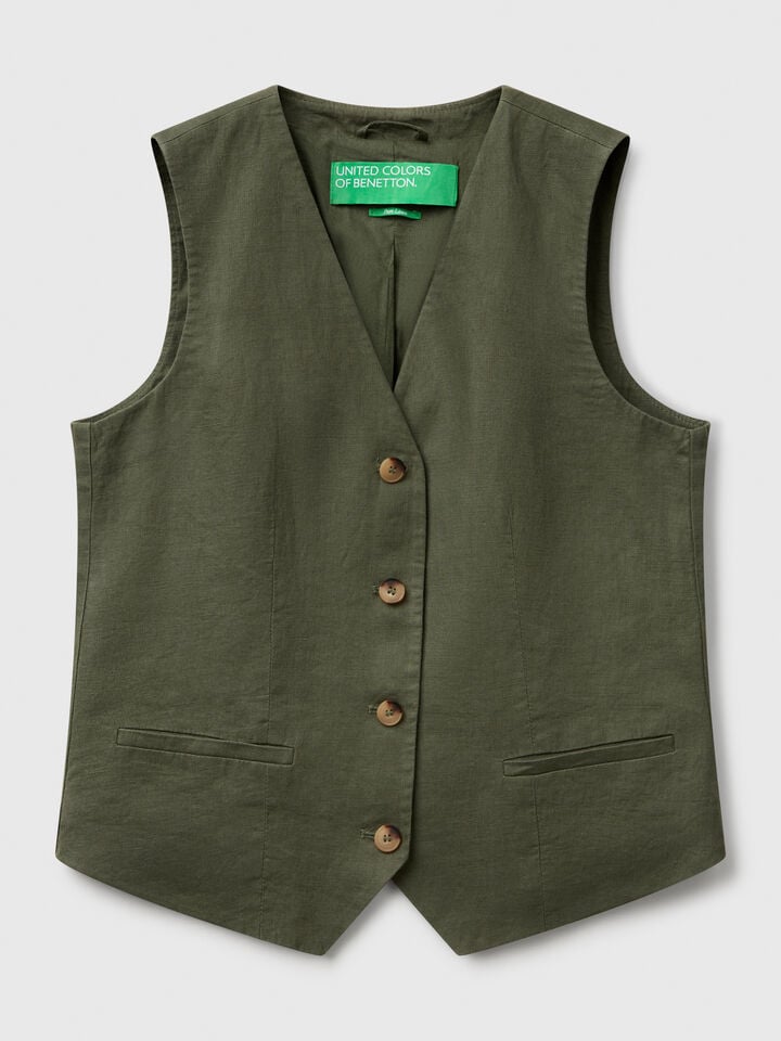 Benetton Pure Linen Vest Military Green