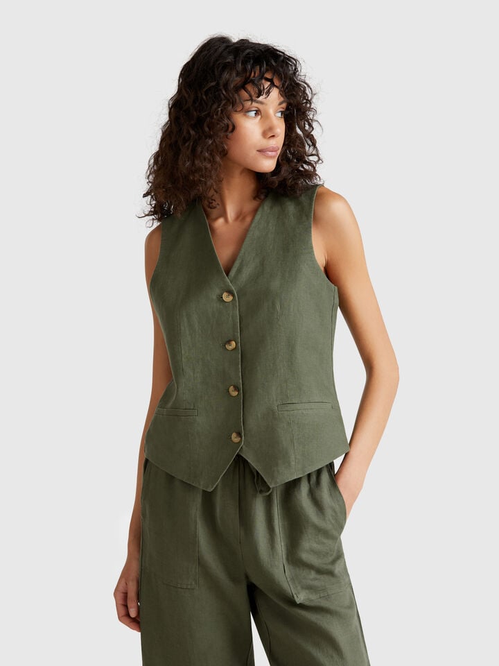 benetton Pure linen vest Military Green