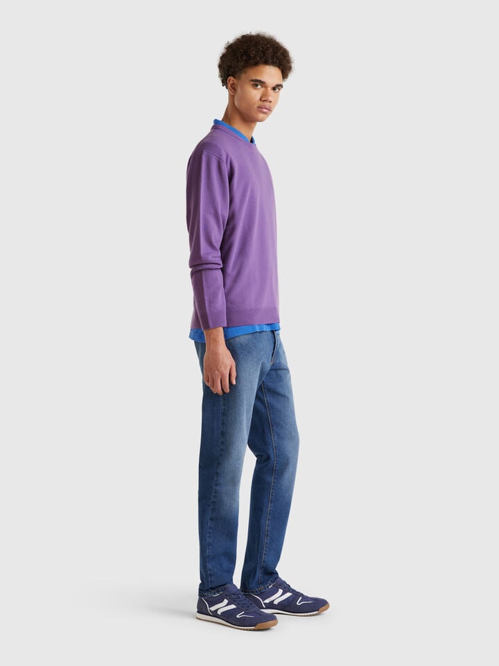 Benetton Purple Sweater In Pure Merino Wool Violet