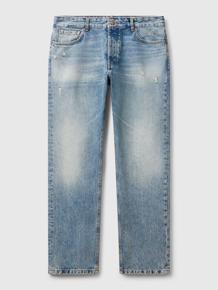 Benetton Regular Fit Jeans With Rips Light Blue