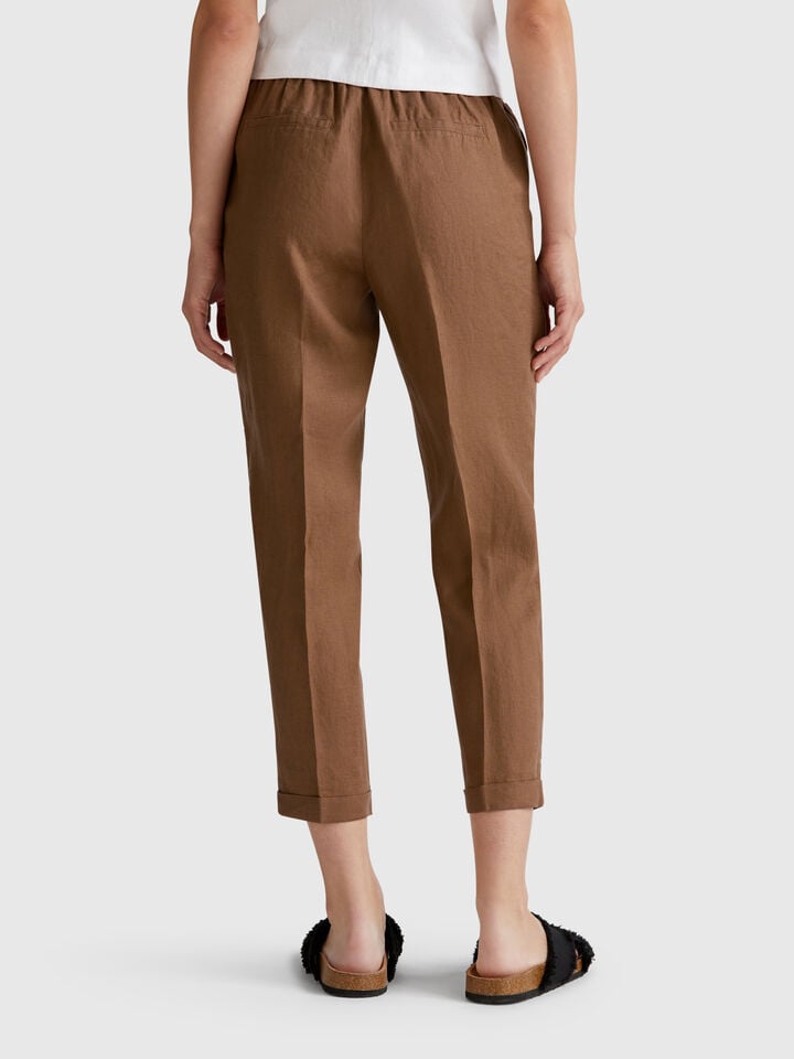 Benetton Regular Fit Pure Linen Trousers Brown