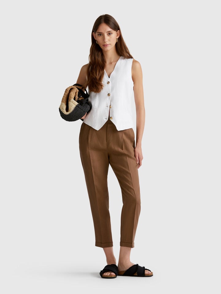 Benetton Regular Fit Pure Linen Trousers Brown