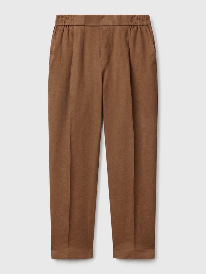 Benetton Regular Fit Pure Linen Trousers Brown