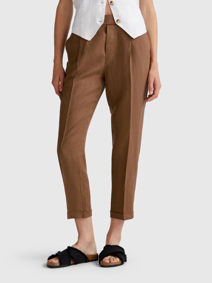 benetton Regular fit pure linen trousers Brown