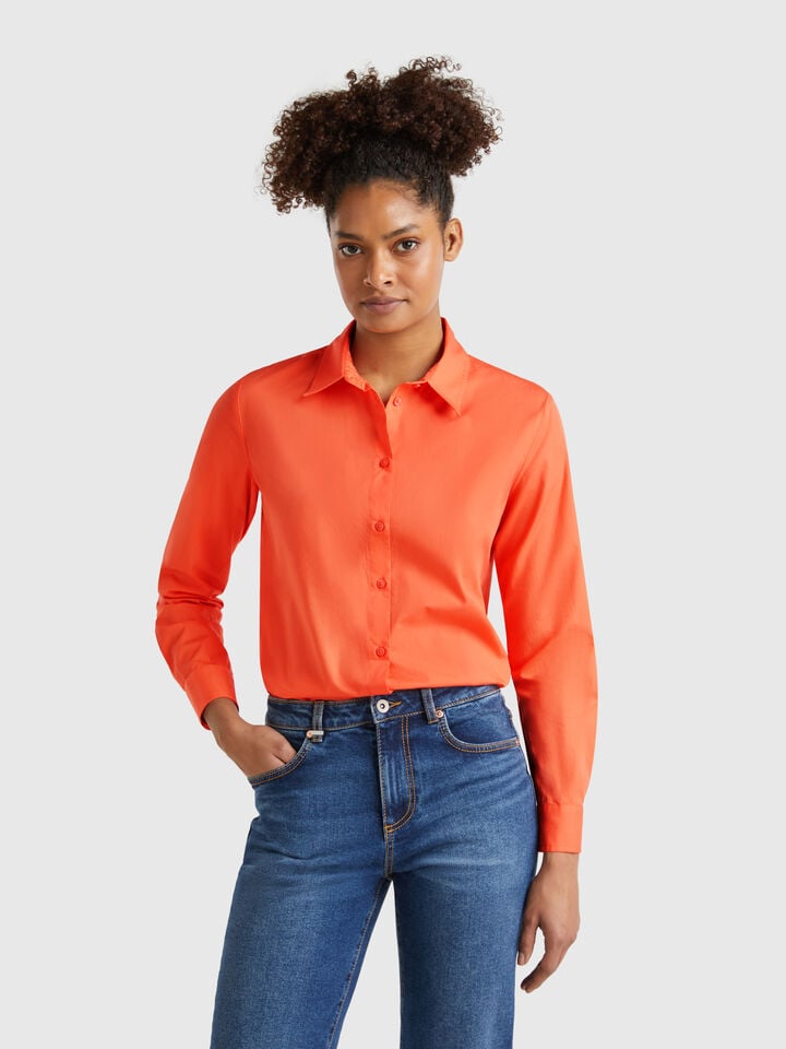 Benetton Regular Fit Shirt In Cotton Orange Coral