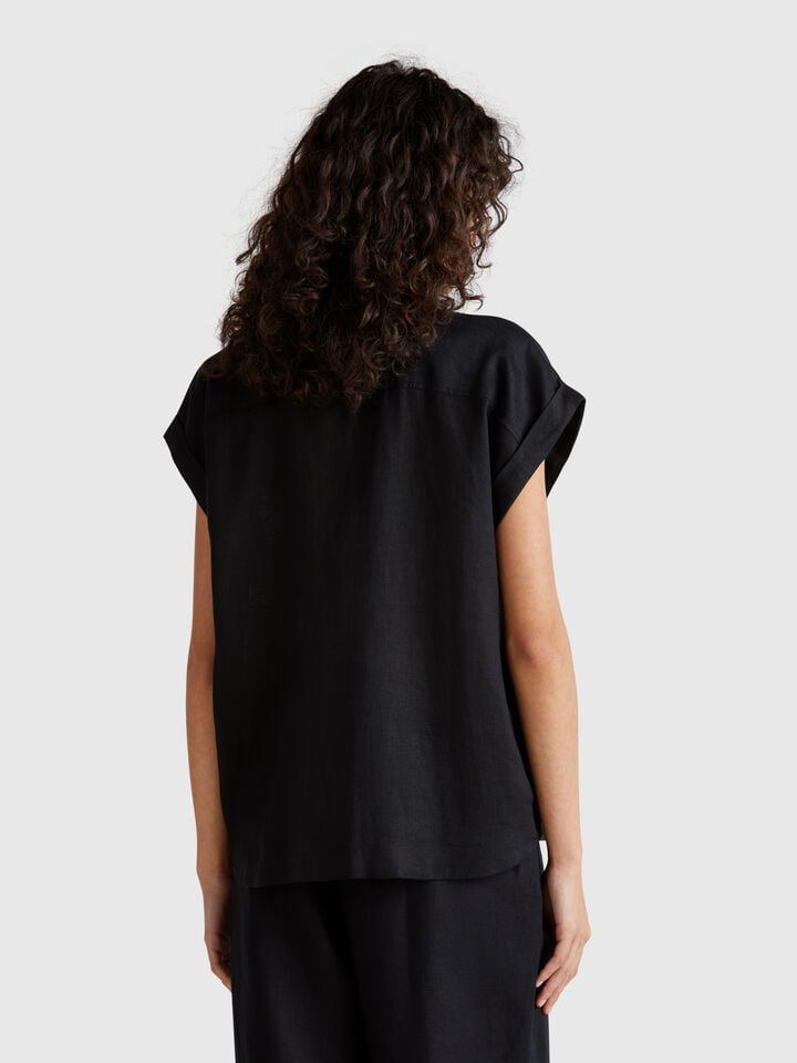 Benetton Regular Fit Shirt In Pure Linen Black