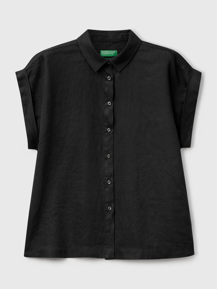 Benetton Regular Fit Shirt In Pure Linen Black