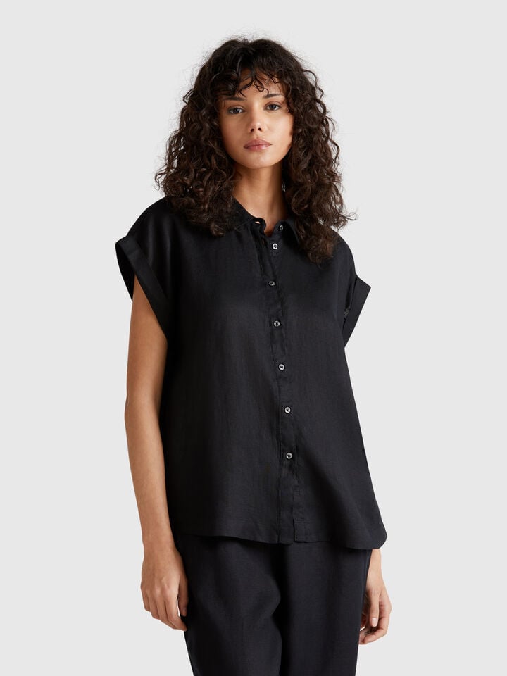 benetton Regular fit shirt in pure linen Black