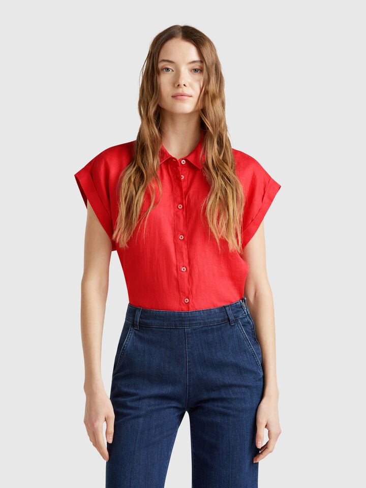 Benetton Regular Fit Shirt In Pure Linen Brick Red