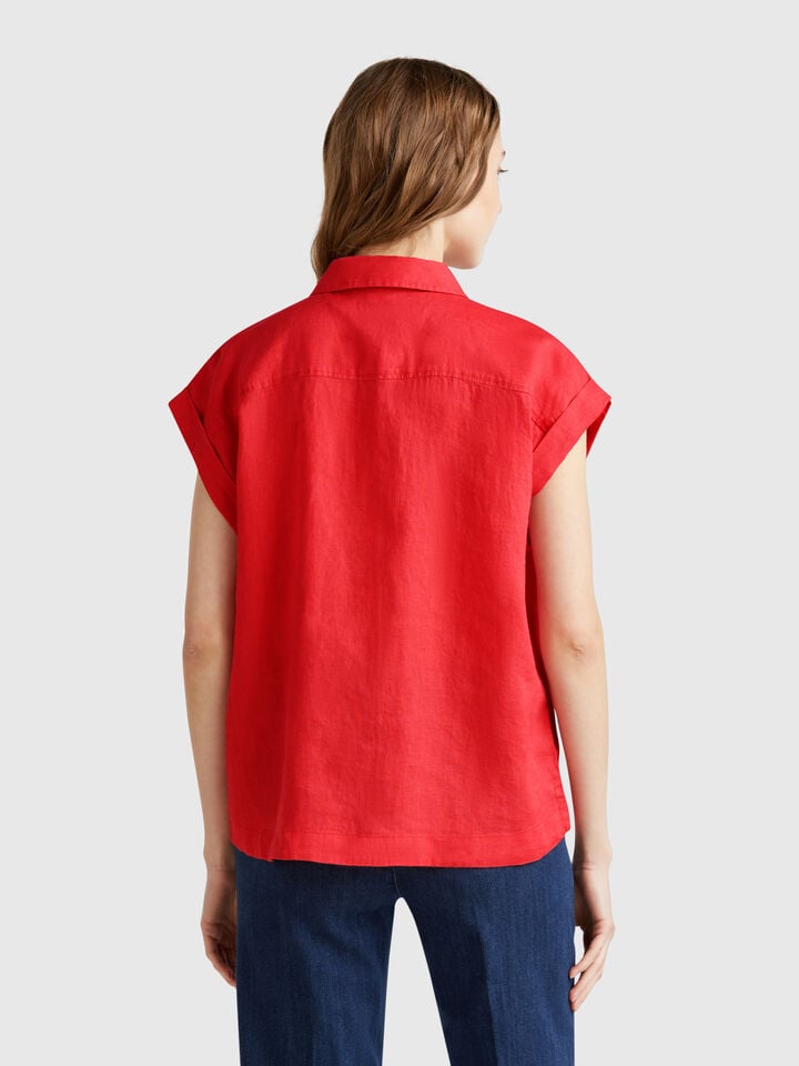 Benetton Regular Fit Shirt In Pure Linen Brick Red